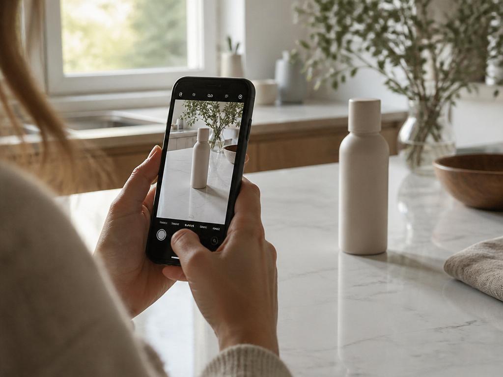 Sample viewfinder: a creator filming a product on a phone in a kitchen